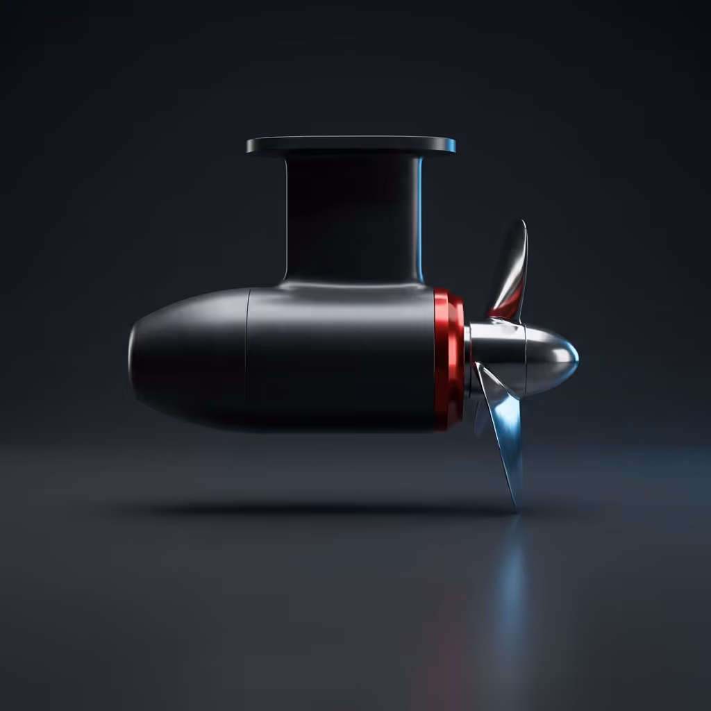 A modern electric marine pod drive with a polished three-blade propeller and red accent ring