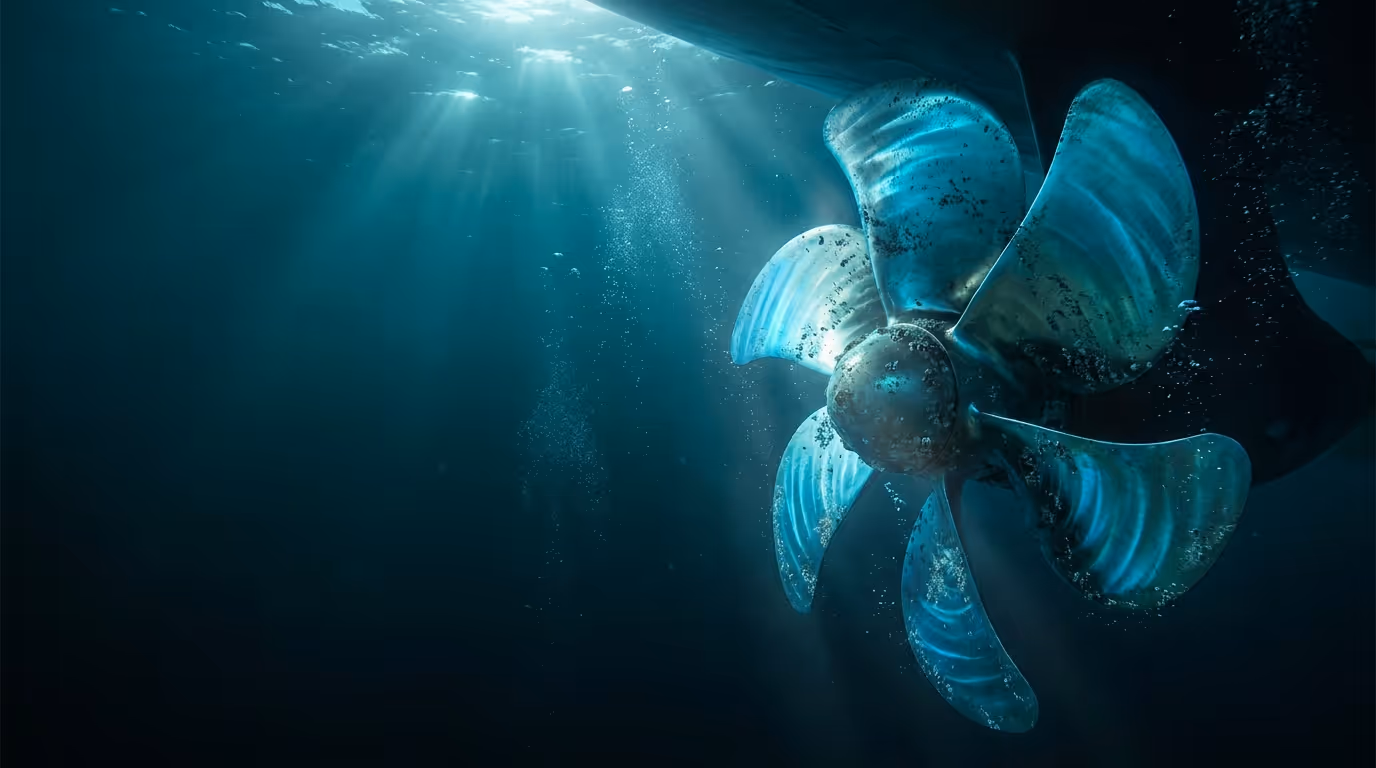 A colossal ship propeller turning in deep blue water, godrays streaming down from the surface